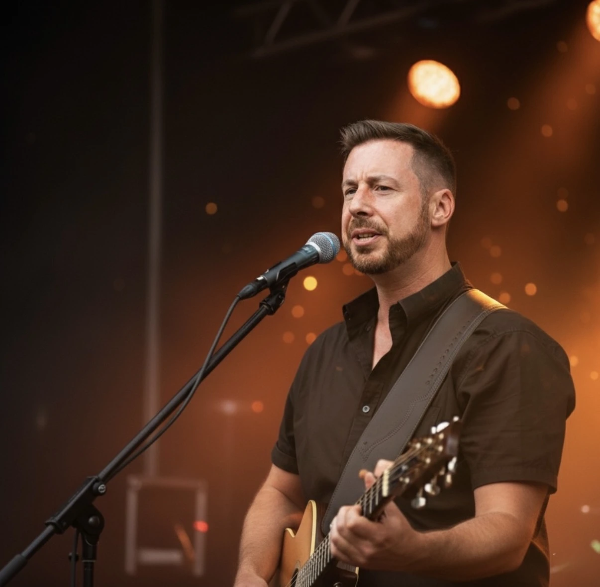 Nicolas à la guitare et au chant sous une lumière de scène ambrée