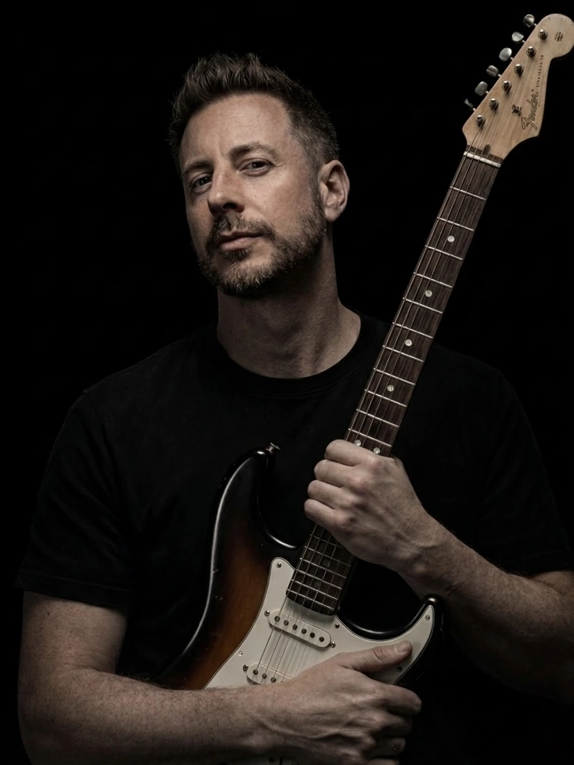 Nicolas Cottebrune, guitare et chant, avec sa Stratocaster